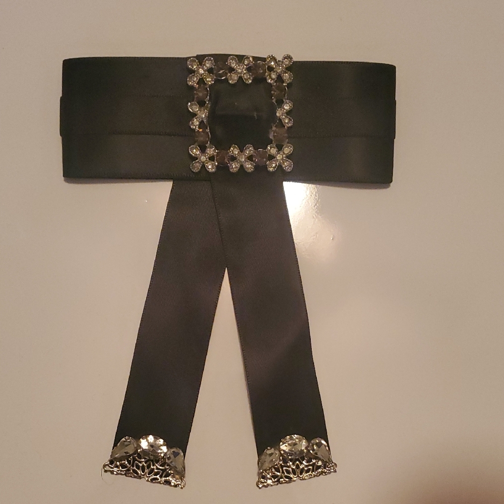 Elegant Black Satin Belt with Crystal Embellishments